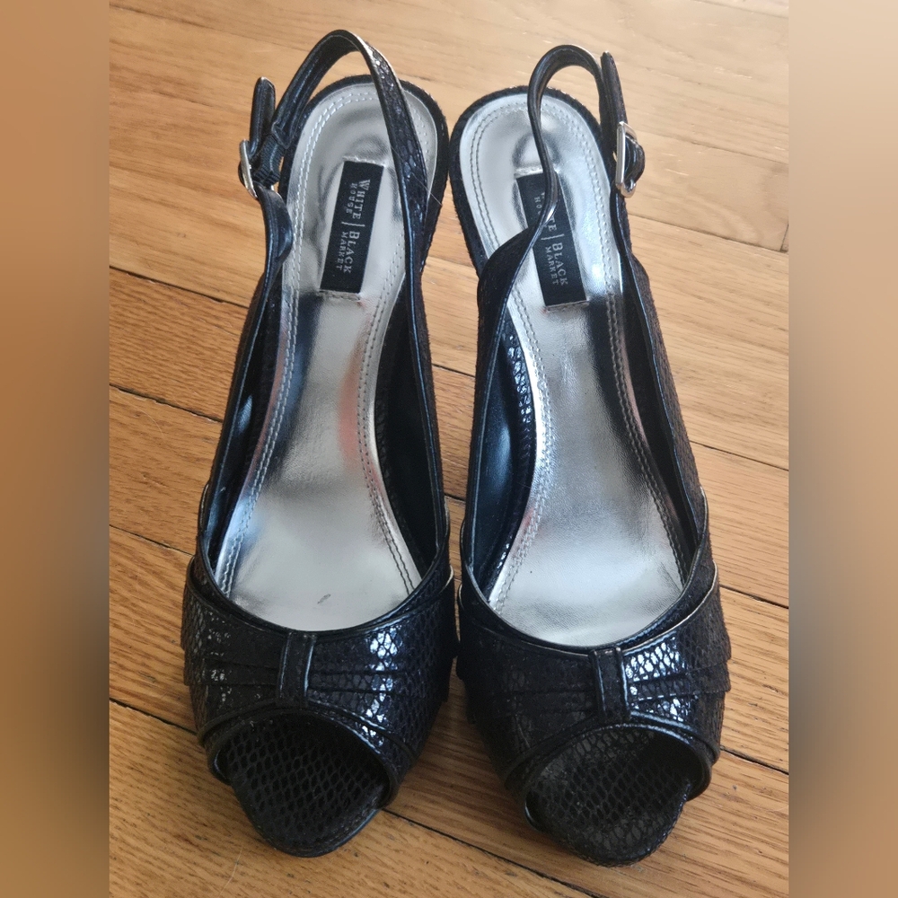 White House Black Market Glossy Black Peep-Toe Heels